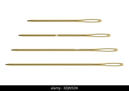 Vector 3d Realistic Yellow Sewing Needles Set in Four Sizes. Large Eye Hand Stitching and Darning Needles Isolated. Tailoring Embroidery Needle Kit Stock Vector