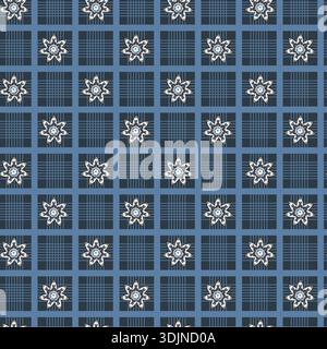 Blue Geometric Plaid Floral Tile Print Stock Vector