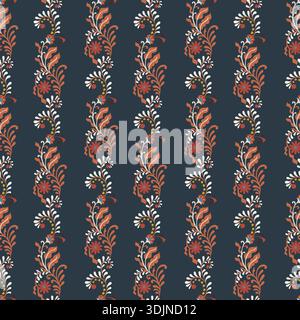 Dark Folk Floral Vine Stripe Print Stock Vector