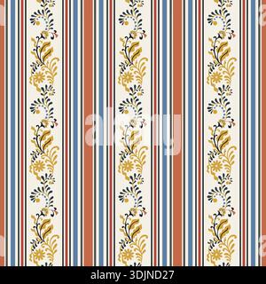 Folk Stripe Floral Vine Wallpaper Print Stock Vector