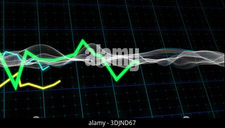 Displaying white dotted 3D waveform flowing across dark grid plane, with neon green zigzag line Stock Photo