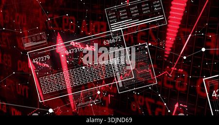 Displaying keyboard wireframe in data hub, showing numeric readouts, stacked bars, node network Stock Photo