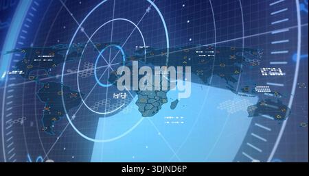 Displaying flattened holo world map on command display, showing radar rings, HUD markers, data Stock Photo