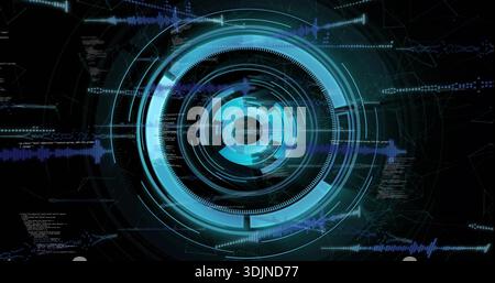Displaying central HUD rotating and pulsing on dark display, with cyan rings, waveforms, telemetry Stock Photo