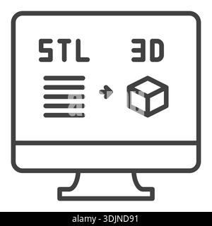 Computer Screen with STL and Cube vector Additive Manufacturing Technology concept icon or symbol in outline style Stock Vector