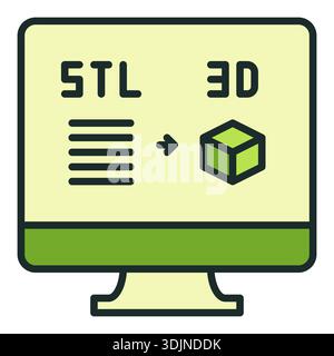 STL and Cube on PC Screen vector Additive Manufacturing Technology concept colored icon or sign Stock Vector