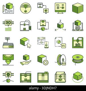 Additive manufacturing colored icons set - 3D Printer and Printing Technology concept signs collection Stock Vector