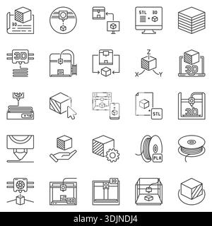3D Printing Technology outline icons set - Additive Manufacturing concept 3D Printer symbols in thin line style Stock Vector
