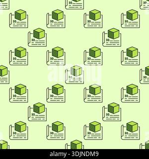 Green Printed Cube on Paper vector 3D Printing concept colored seamless pattern Stock Vector