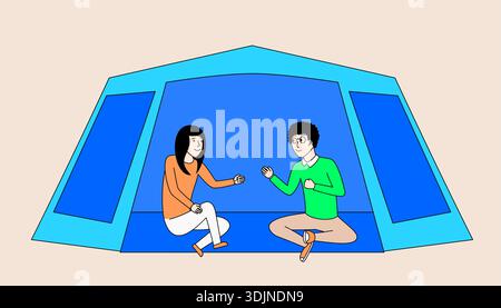 Man and a woman are sitting inside a blue tent. Stock Vector