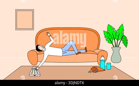 man was lying on the sofa. a lazy man. The couch is orange and the room is decorated with a potted plant Stock Vector