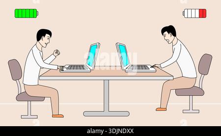 Freelancers are sitting in front of their laptops. They are working enthusiastically.. One of the men is typing on his laptop while the other man is l Stock Vector