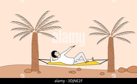 Man is laying on a hammock between two palm trees. scene is peaceful and relaxing, with the man enjoying the shade of the palm trees Stock Vector