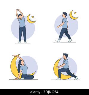 Muslim People Doing Exercise and Yoga During Ramadan Night with Crescent Moon and Star Stock Vector