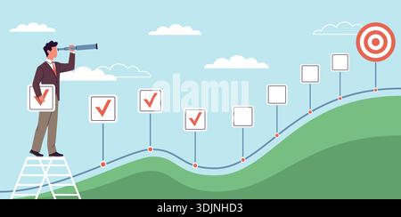 Business planning. Moving towards goal, man looks through telescope, marked completed items, project development, strategy steps, progress control Stock Vector
