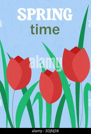 Spring time card with scarlet tulips on blue background. Textured vertical portrait with beautiful spring flowers. Template for poster, postcard Stock Vector