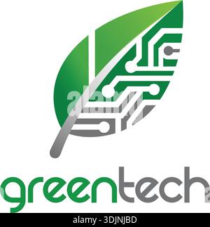 Green Technology Leaf Logo Template - Circuit Board Nature Icon for Eco Friendly Startups, Renewable Energy, and Smart Agriculture Identity, Environme Stock Vector