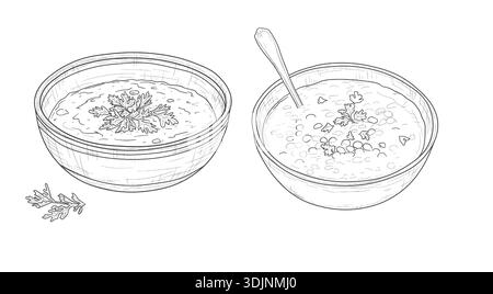 Lentil soup with herbs in porcelain plate, sketch. Vector illustration. Delicious dinner, set of drawings isolated on white background. Concept of hea Stock Vector