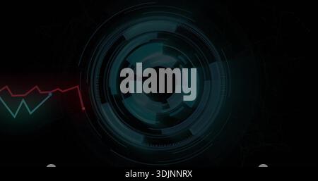 Glowing large circular HUD rotating in dark digital backdrop, with jagged waveform and red node Stock Photo