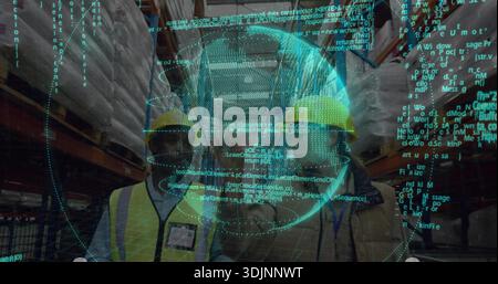 Two workers wearing yellow hard hats reflective vests checking racking in aisle, teal overlay Stock Photo