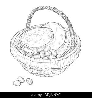 Delicious flatbread in wicker basket, sketch. Vector illustration. Dates and lavash in basket, isolated on a white background. Concept for a healthy b Stock Vector