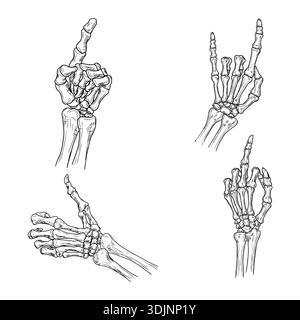Skeleton hand in a heavy metal gesture, black and white sketch. Vector illustration. Drawing in simple style, set isolated on white background. Suitab Stock Vector