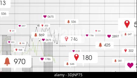 Displaying central cluster white callouts with pin, heart, bell icons and line charts in dashboard Stock Photo