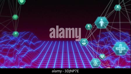 Glowing cyan grid plane with medical hexes receding to virtual magenta horizon and wire hills Stock Photo