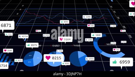 Displaying blue pie charts showing percent labels, badges on virtual 3D grid, donut and line charts Stock Photo