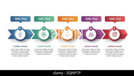 Infographic template for business. 5 Steps Modern Timeline diagram with arrow and topic, presentation vector infographic timeline. Stock Vector