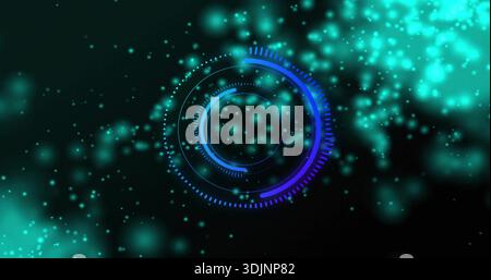 Displaying central HUD rings rotating in dark void, with segmented arcs and glowing particles Stock Photo