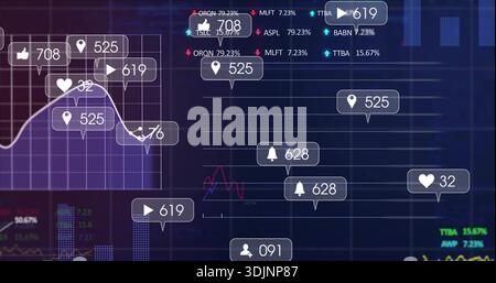 Displaying social metrics dashboard overlay on dark-blue monitor, with notification bubbles, charts Stock Photo