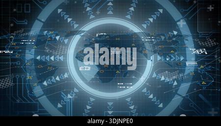 Displaying central stylized globe and HUD pulsing across command dashboard, with network nodes Stock Photo