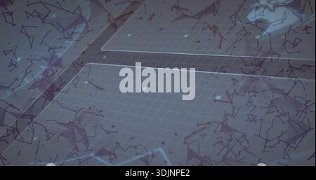 Projecting gridded holographic panel hovering over tabletop, showing guide lines, node mesh, ring Stock Photo