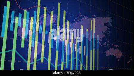 Displaying colorful vertical bar charts with red cyan trend lines on dashboard, purple map Stock Photo
