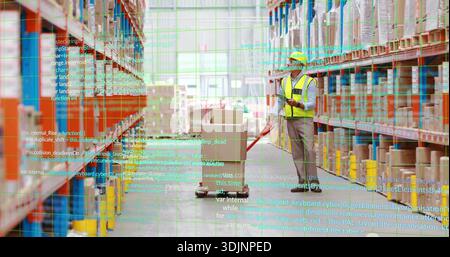 Scanning worker wearing hi-vis vest, pants using manual pallet jack in warehouse aisle, with grid Stock Photo