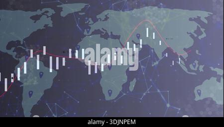 Displaying global map on digital dashboard, showing candlestick bars, red trend line, purple pins Stock Photo