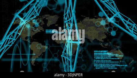 Spanning glowing cyan 3D lattice structure running diagonally over world map, showing data overlays Stock Photo