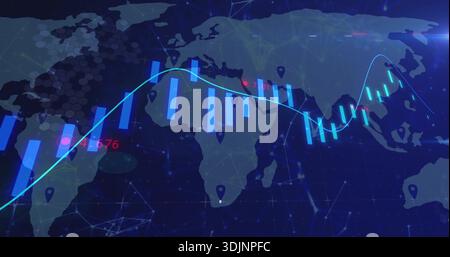 Displaying cyan line graph with blue candlesticks overlaying virtual dashboard map, showing nodes Stock Photo