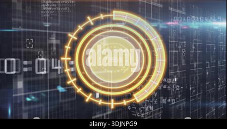 Displaying centered golden HUD pulsing on virtual display, showing numeric core, left timer, code Stock Photo