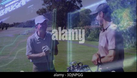 Chatting two golfers leaning on clubs on manicured fairway, wearing polos, glove, digital overlay Stock Photo