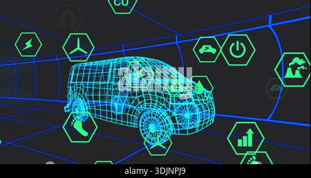 Rendering cyan wireframe van model inside virtual tunnel corridor, showing floating green hex icons Stock Photo