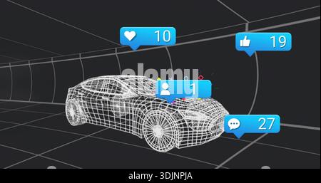 Displaying wireframe 3D car model rotating in dark grid tunnel viewport, showing blue notifications Stock Photo