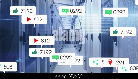 Showing cool-blue server rack aisle with LED lights in data center, with social bubbles Stock Photo