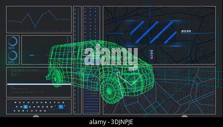 Displaying neon-green wireframe van occupying center on dashboard interface, showing map and gauges Stock Photo