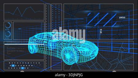 Displaying cyan wireframe sports car model occupying center in virtual workspace, with HUD panels Stock Photo