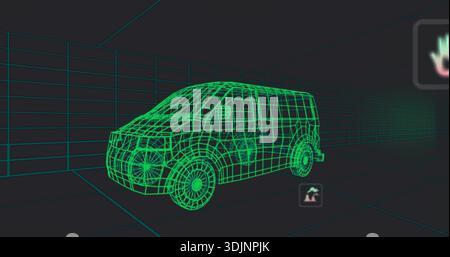 Displaying neon-green wireframe van model resting on perspective grid floor, with two UI icons Stock Photo