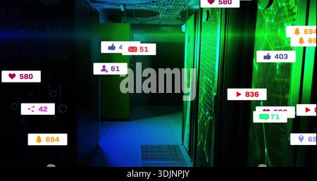 Displaying server aisle in data center, showing perforated rack doors, LEDs, notification badges Stock Photo