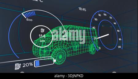 Displaying neon green wireframe van rotating in grid 3D tunnel, showing 114 km range, 20% battery Stock Photo