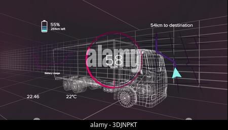 Displaying wireframe truck at center on purple grid, showing magenta speedometer, cyan pointer 54km Stock Photo